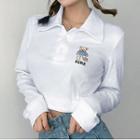 Long-sleeve Bear Embroidered Collared Cropped T-shirt