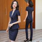 Short-sleeve Double-breasted Blazer / Pencil Skirt / Camisole Top / Straight Leg Pants / Set