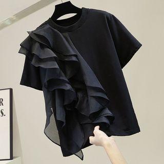 Short-sleeve Ruffled T-shirt Black - One Size