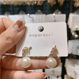 Rhinestone Leaf Faux Pearl Stud Earring 1 Pair - Earring - Silver Pin - Leaf - Faux Pearl - Gold - One Size