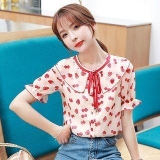 Fruit Print Short-sleeve Tie-neck Blouse
