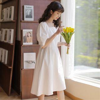 Square-neck Plain A-line Dress Off-white - One Size