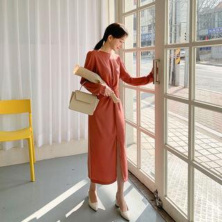 Round-neck Tie-waist Slit-front Dress One Size