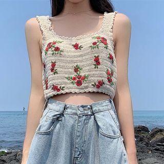 Rose Embroidered Crop Knit Tank Top Camisole - One Size