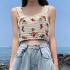 Rose Embroidered Crop Knit Tank Top Camisole - One Size