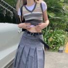 Striped Knit Crop Tank Top / Pleated A-line Skirt