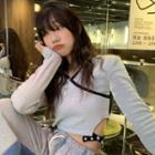 Long-sleeve Contrast Trim Cutout-waist Crop Top Gray - One Size