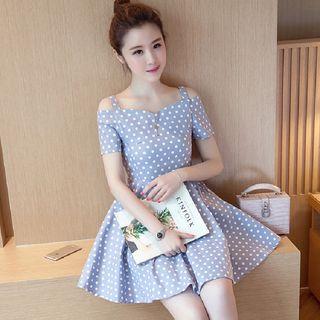 Striped / Dotted Off Shoulder Short Sleeve A-line Dress