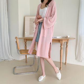 Rib-knit Open Long Cardigan Pink - One Size