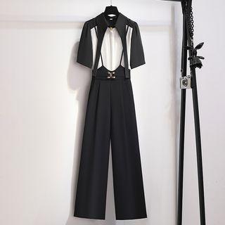 Mock Two-piece Short-sleeve Paneled Shirt / Wide Leg Pants / Set