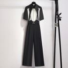 Mock Two-piece Short-sleeve Paneled Shirt / Wide Leg Pants / Set