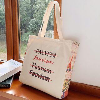 Lettering Print Canvas Tote Bag White - One Size