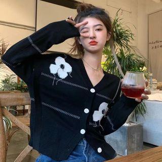 V-neck Flower Accent Cardigan Black - One Size