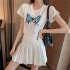 Short-sleeve Butterfly Printed Cropped Top / High-waist Pleated A-line Skirt