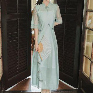 Set: Embroidered Elbow-sleeve Mesh Maxi Qipao + Slipdress