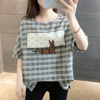 Short-sleeve Rabbit Applique Plaid T-shirt