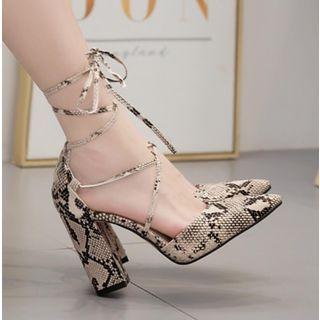 Snake Print Lace Up Block Heel Sandals