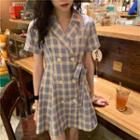 Short-sleeve Gingham Double-breasted Shirtdress Purple - One Size