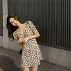 Short-sleeve Floral Cutout A-line Dress