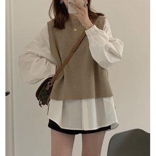 Puff-sleeve Blouse / Plain Sweater Vest / Set