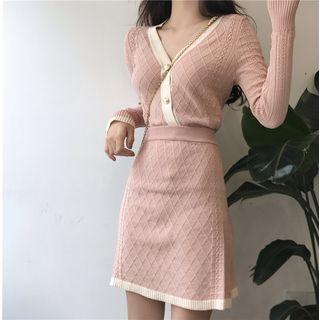 Set: Contrast-trim Cardigan + Mini A-line Skirt