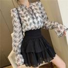Print Ruffled Long-sleeve Blouse / Layered A-line Skirt