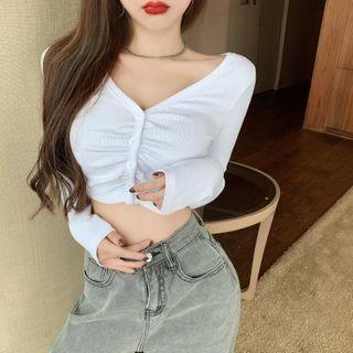 Long-sleeve Button-up T-shirt White - One Size
