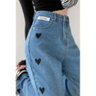Heart-embroidered Straight-cut Loose Jeans
