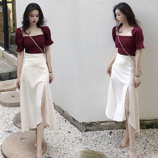 Square-neck Short-sleeve Blouse / High Low Midi A-line Skirt