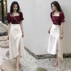 Square-neck Short-sleeve Blouse / High Low Midi A-line Skirt