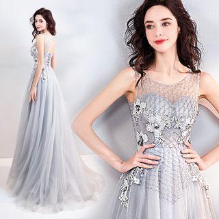 Sleeveless Floral Detail A-line Evening Gown