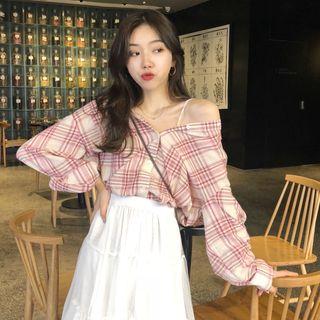 Off-shoulder Plaid Blouse Top - One Size
