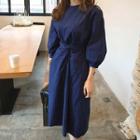3/4-sleeve Puff-sleeve Knot-front Dress