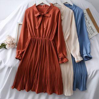 Ribbon-neckline Pleated A-line Dress
