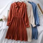 Ribbon-neckline Pleated A-line Dress
