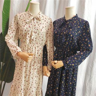 Tie-neck Patterned Long-sleeve Midi A-line Dress