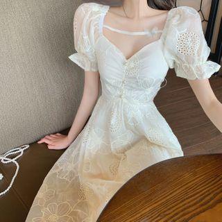 Floral Embroidered V-neck Short-sleeve Maxi Dress