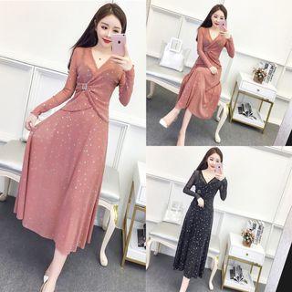 Long Sleeve Buckled Sheer A Line Dress