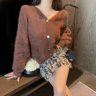 Long-sleeve Plain Faux Fur Cardigan / High-waist Tie Dye Lace Skirt