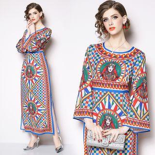 Print Long-sleeve Split-hem Maxi Dress