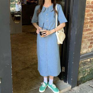 Short-sleeve Denim Midi Shirt Dress Light Blue - One Size