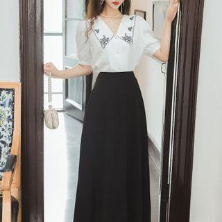 Set: Balloon-sleeve Floral Embroidered Blouse + Midi A-line Skirt
