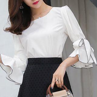 Elbow-sleeve Ruffle Trim Top / A-line Skirt