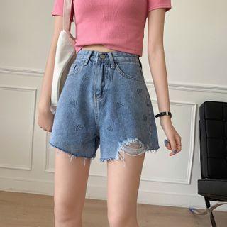 High-waist Ripped Heart-embroidered Denim Shorts