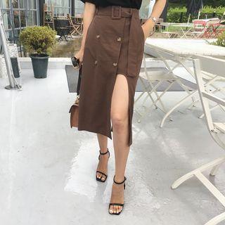 Cutout Buttoned Belted H-line Midi Skirt
