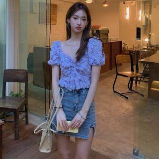 Puff-sleeve Flower Detail Drawstring Blouse