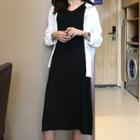 Plain Long-sleeve Shirt / Sleeveless Knit Midi A-line Dress
