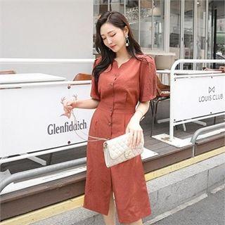 Collarless Puff-sleeve Midi Shirtdress