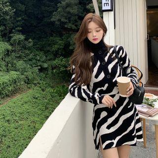 Zebra Print Cardigan / Zebra Print Mini Skirt / Plain Turtle-neck Top