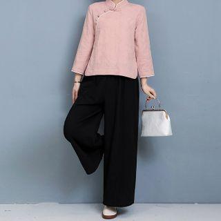 Set: Elbow-sleeve Knot Button Top + Wide Leg Pants